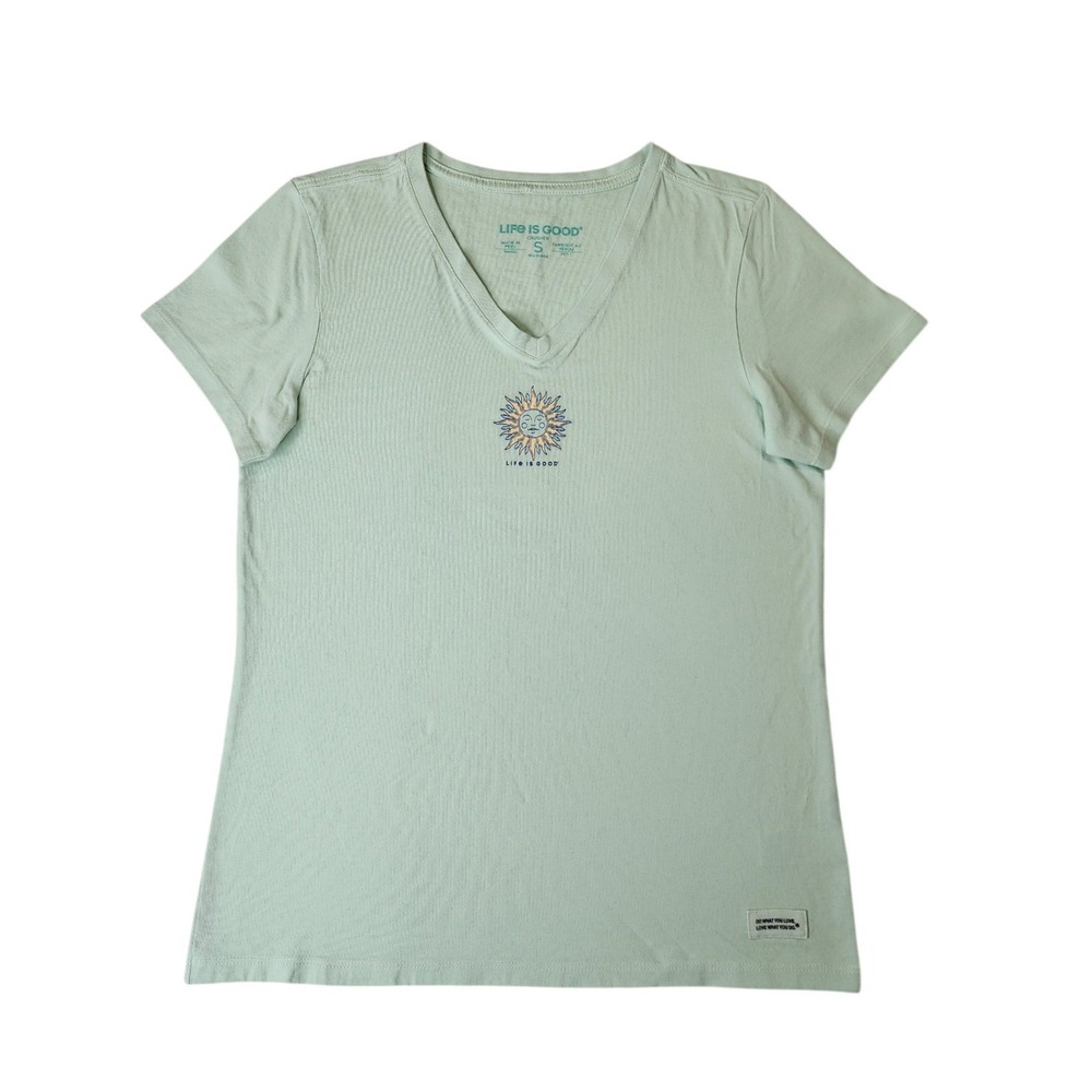 Life Is Good Crusher Tee Size S Green Sun Graphic V-Neck Cotton T-Shirt